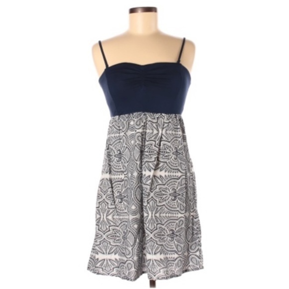 Roxy M sundress blue & white w knit & woven fabrics ruched sleeveless w straps